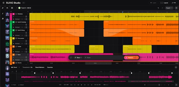 Suno AI workflow screenshot showing stem tracks for Digital Death Cult