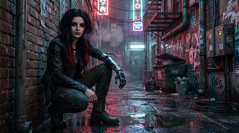Vael crouched in an alley, AI-generated video starting frame