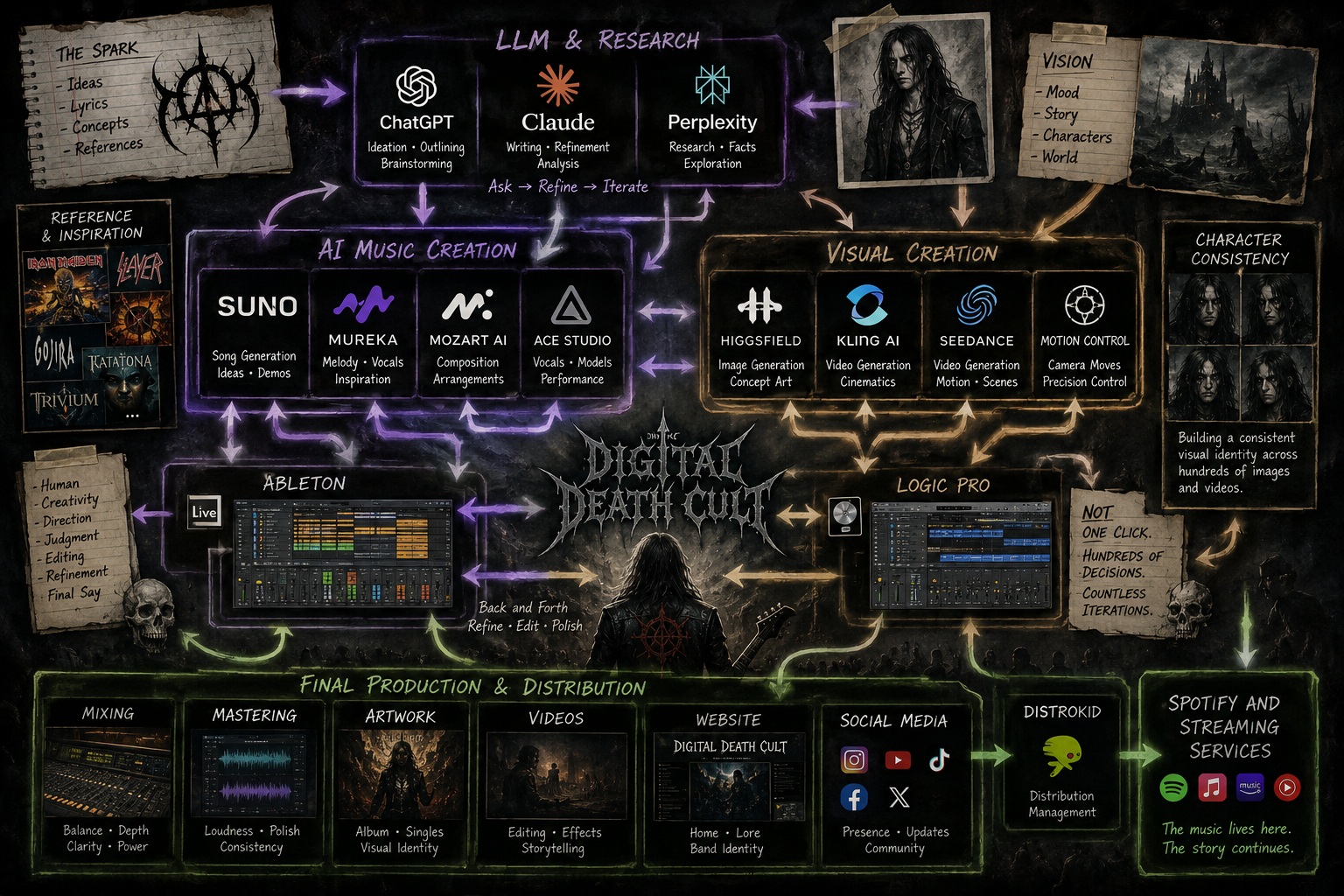 Digital Death Cult creative workflow diagram, showing the flow between LLM research, AI music creation, visual creation, Ableton and Logic Pro, and final production and distribution